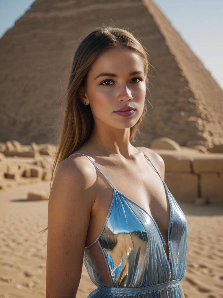 Woman in Metallic Attire Against Desert Pyramids