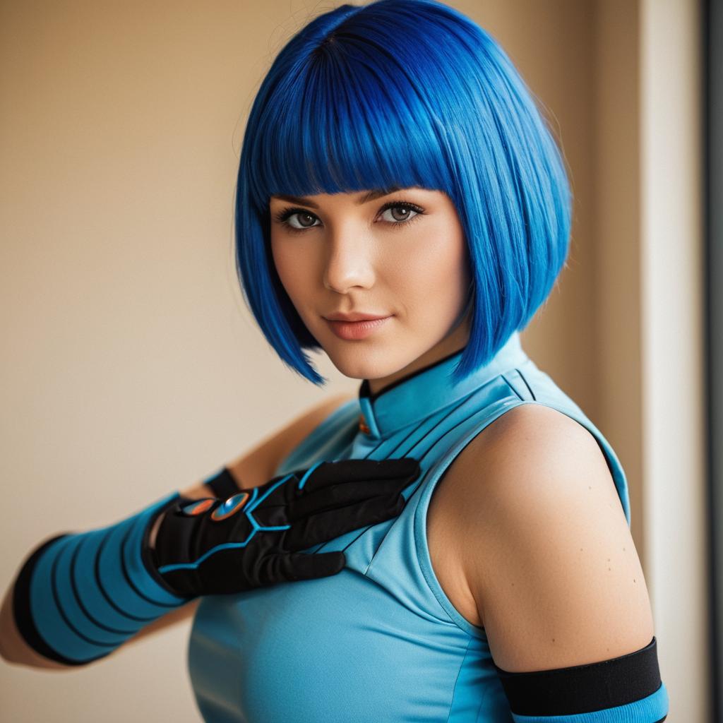 Futuristic Woman with Blue Bob Hair in Sci-Fi Costume