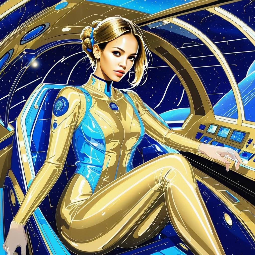 Futuristic Woman in Gold and Blue Spacesuit in Cockpit Futuristic Woman in Gold and Blue Spacesuit in Cockpit