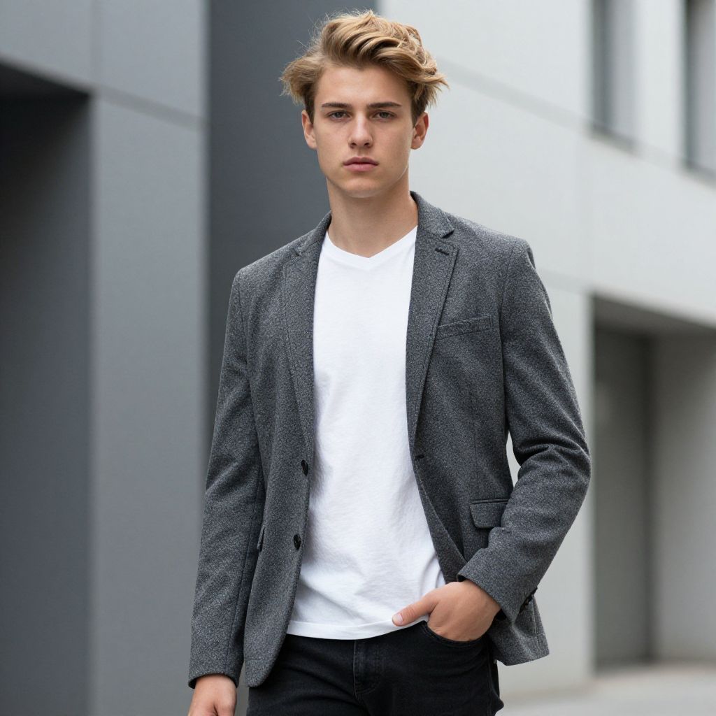 Young Man Wearing Gray Blazer and White T-Shirt Urban Fashion Portrait