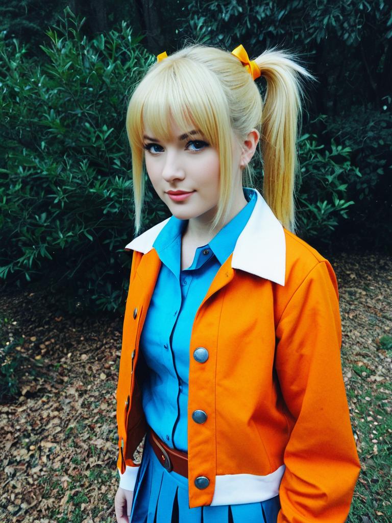 Blonde Woman in Orange Jacket and Blue Shirt Cosplay Portrait