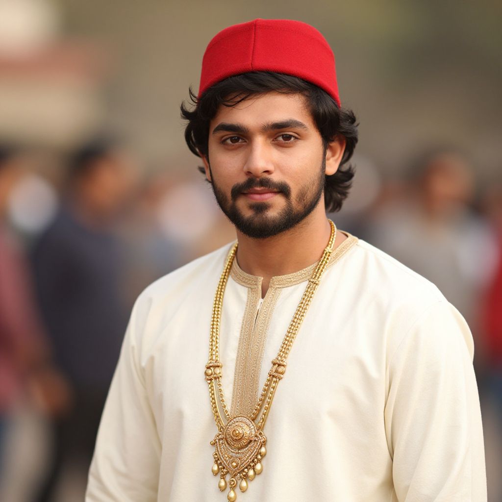 Young Man in Traditional Outfit with Red Fez and Gold Necklace