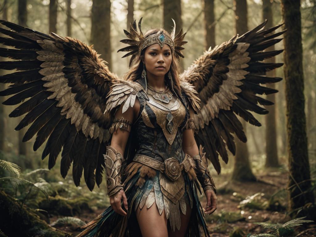 Female Eagle Warrior in Mystical Forest