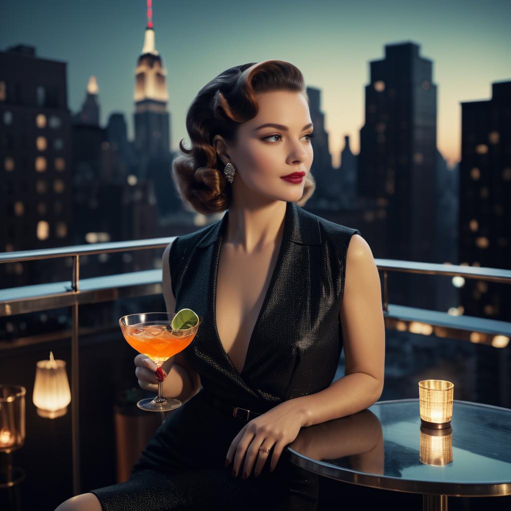 Glamorous Woman with Cocktail on Rooftop at Dusk