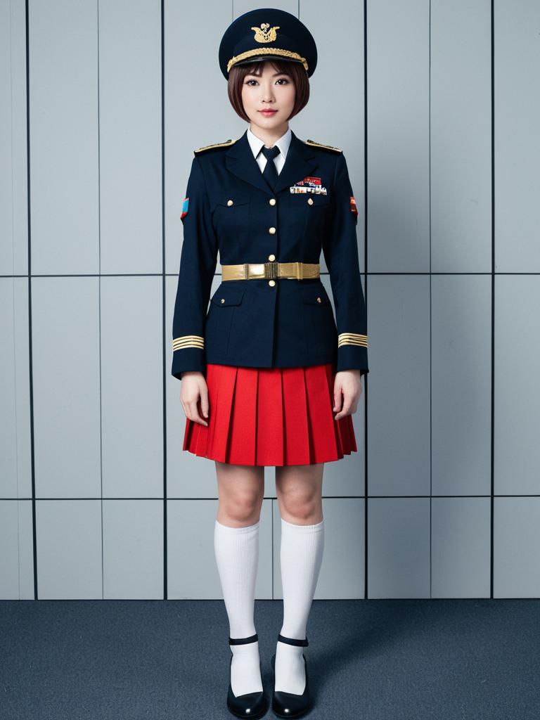 Woman in Navy Military-Style Uniform with Red Pleated Skirt