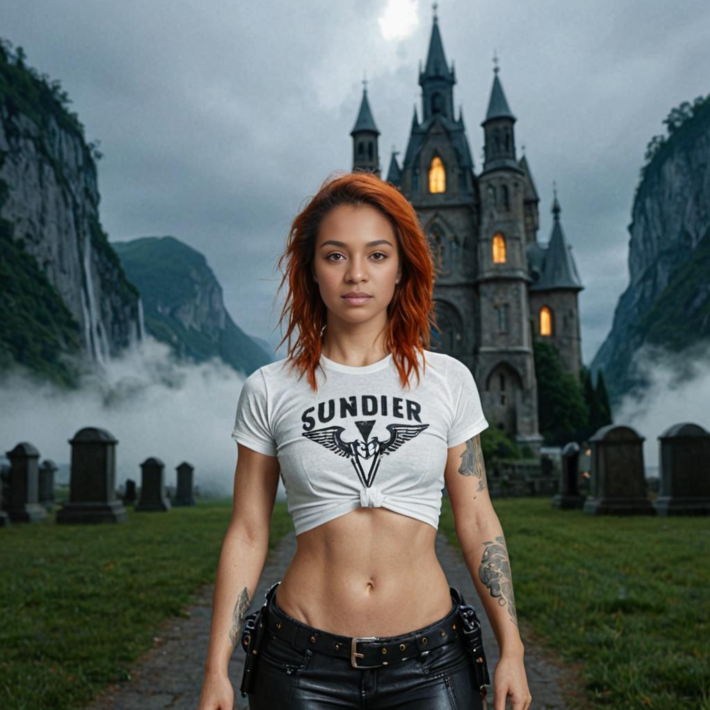 Confident Woman with Tattoos at Gothic Castle