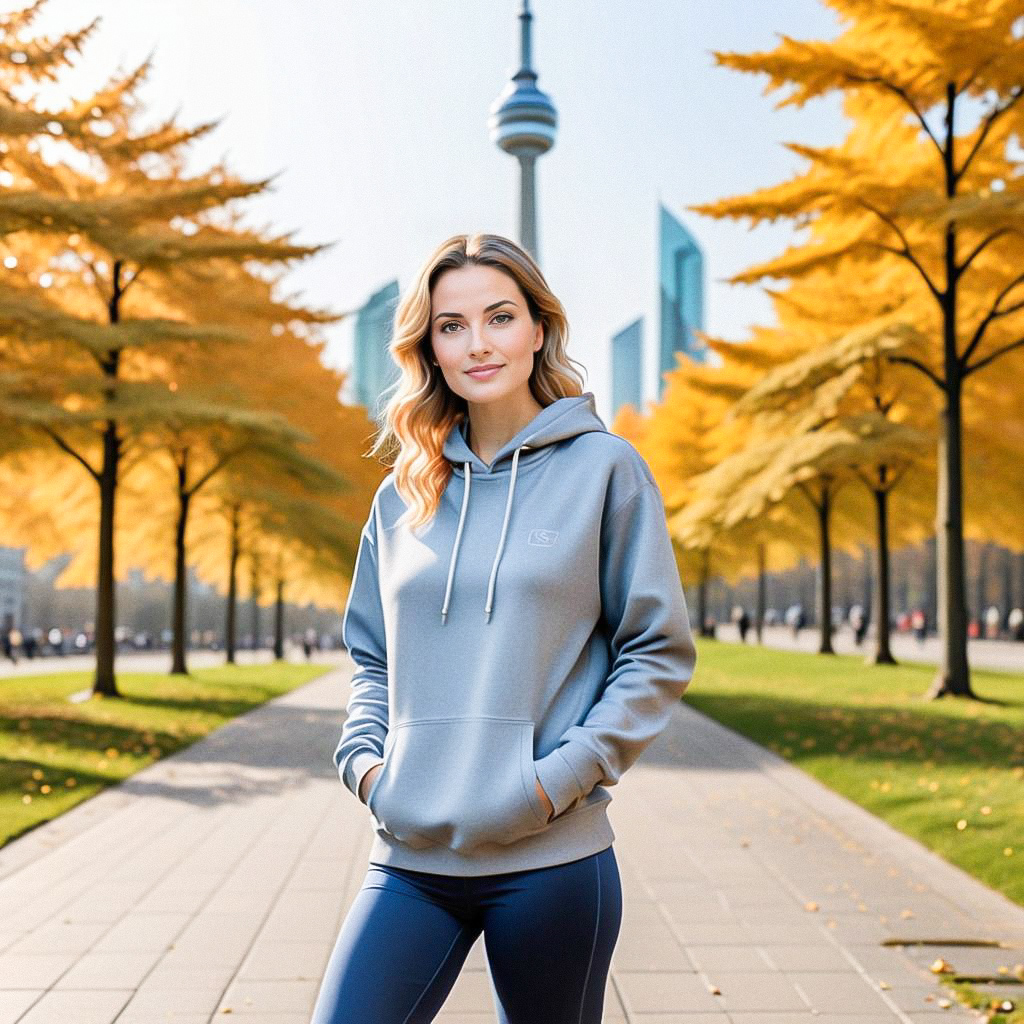 Stylish woman in gray hoodie with autumn skyline Stylish woman in gray hoodie with autumn skyline