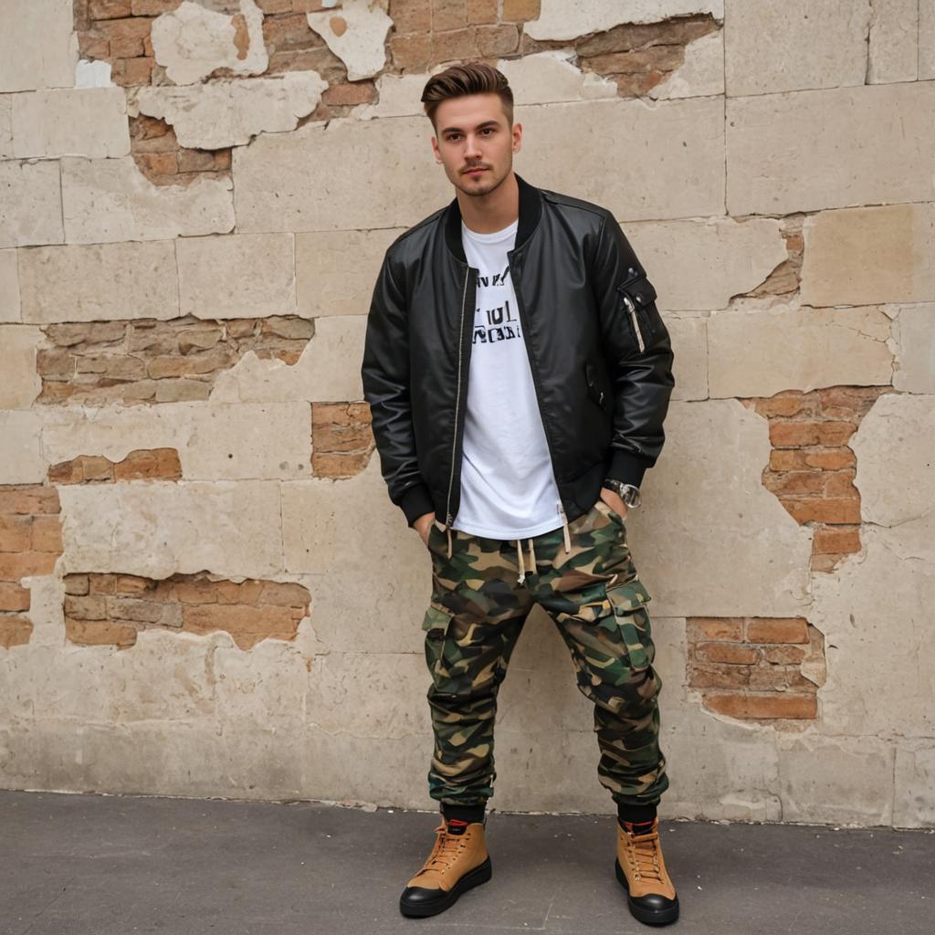 Stylish man in bomber jacket and camo pants