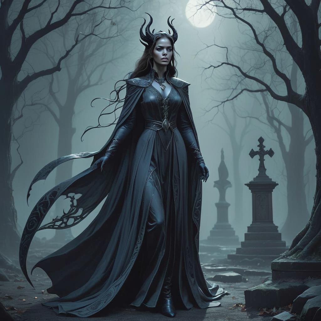 Striking Woman in Dark Gown in Eerie Graveyard