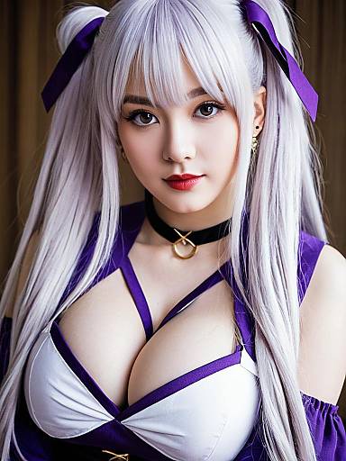 Akizuki Kanna Beautiful Woman with Silver Hair in Purple Outfit Portrait