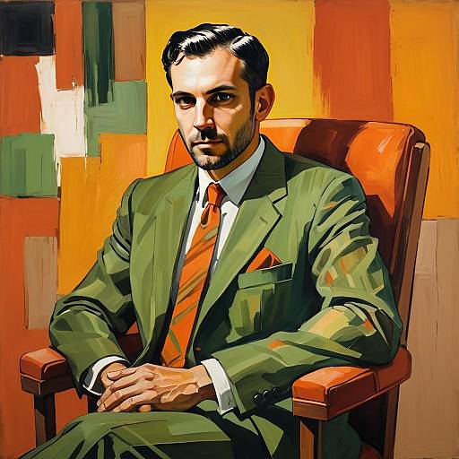 Stylized Digital Portrait of Man in Green Suit with Orange Background