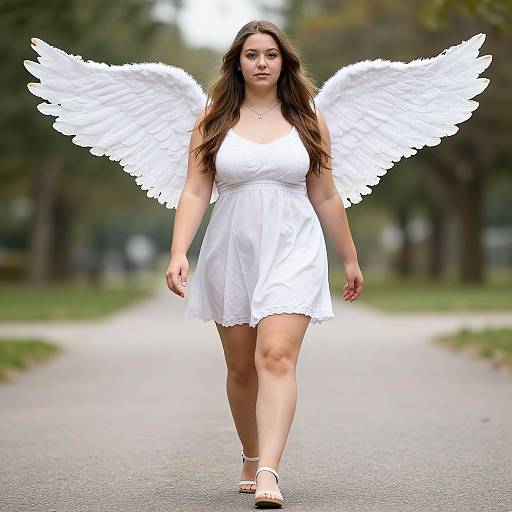 Woman Wearing Angel Wings Walking Outdoor in White Dress