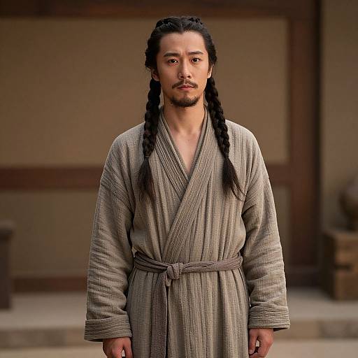 Portrait of Man in Traditional Beige Robe with Braided Hair