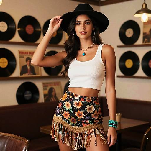 Tall Woman in Boho Chic Style Wearing White Ribbed Crop Top and Floral Fringe Skirt