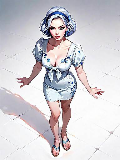 Realistic Comic Style Illustration of Woman in White Floral Dress Full Body