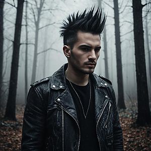 Young Man in Spiked Hairstyle in Foggy Forest