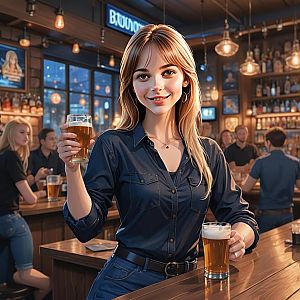 Young Woman Enjoying Beer in Cozy Bar Interior Digital Artwork