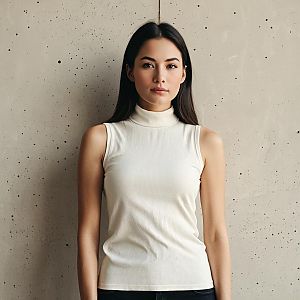 Young Woman in White Sleeveless Turtleneck Against Concrete Wall