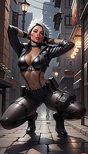 Confident Woman in Futuristic Cyberpunk Alley