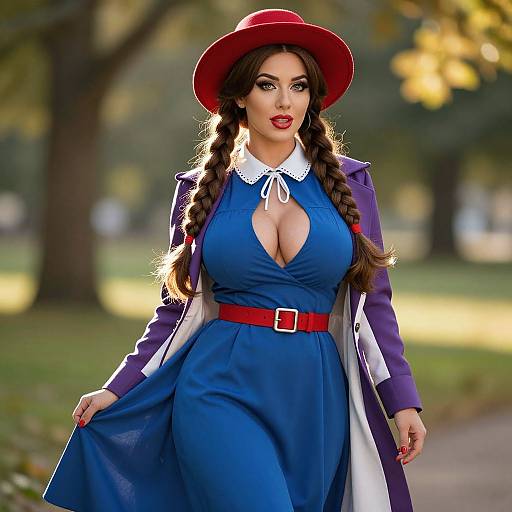 Stylish Woman in Blue Dress with Red Hat and Purple Coat Outdoors