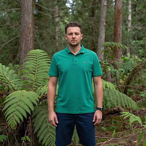 Man in Green Polo Shirt Standing in Forest with Ferns