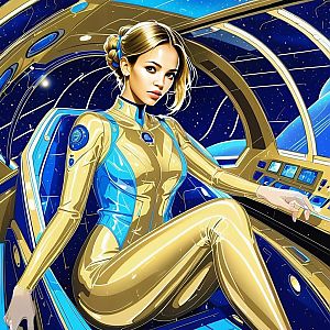 Futuristic Woman in Gold and Blue Spacesuit in Cockpit