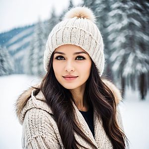 Young Woman in Cozy Sweater in Snowy Landscape