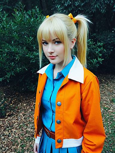 Blonde Woman in Orange Jacket and Blue Shirt Cosplay Portrait