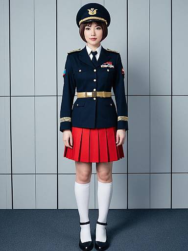 Woman in Navy Military-Style Uniform with Red Pleated Skirt
