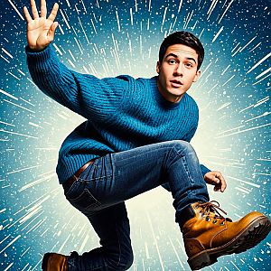 Young Man in Blue Sweater with Energetic Background