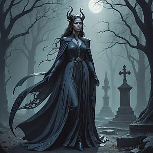 Striking Woman in Dark Gown in Eerie Graveyard