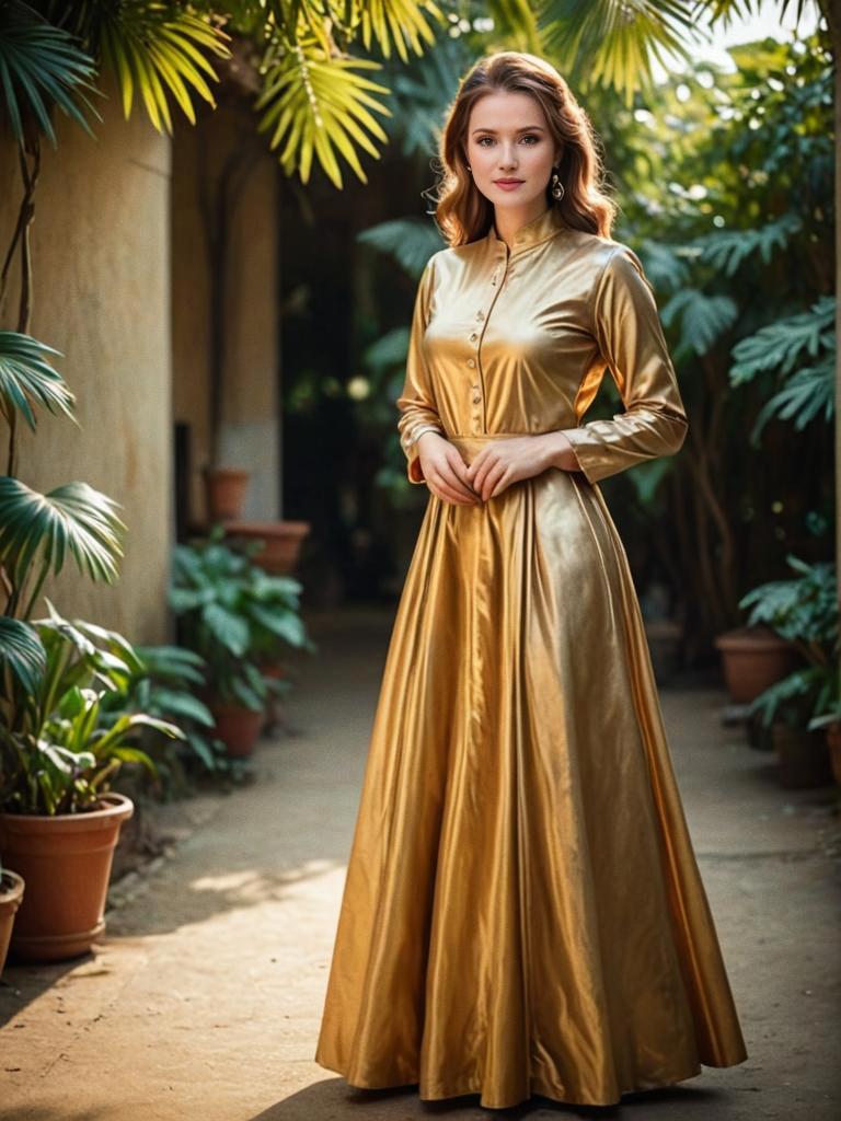 Elegant Woman in Golden Satin Gown