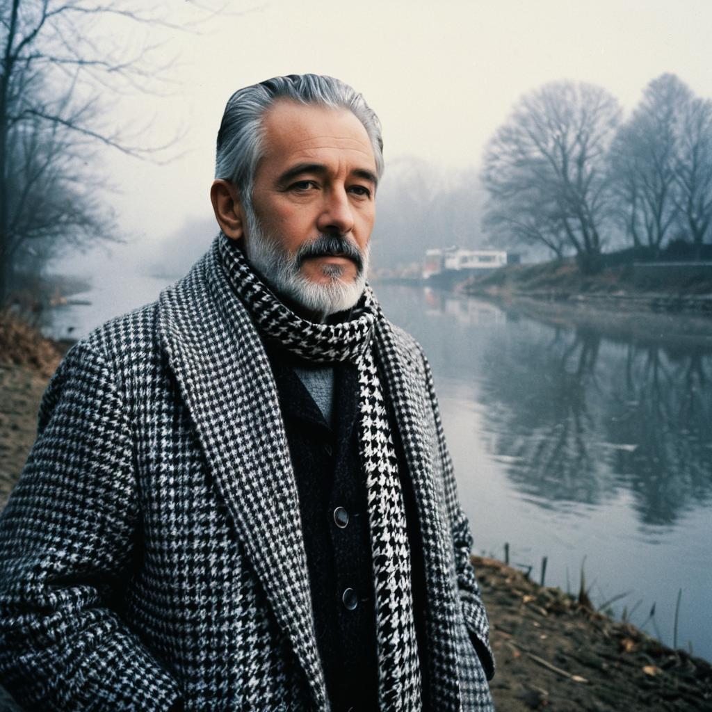 Mature Man in Houndstooth Coat by Foggy River Landscape