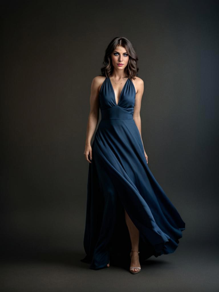 Elegant Woman in Dark Blue Gown