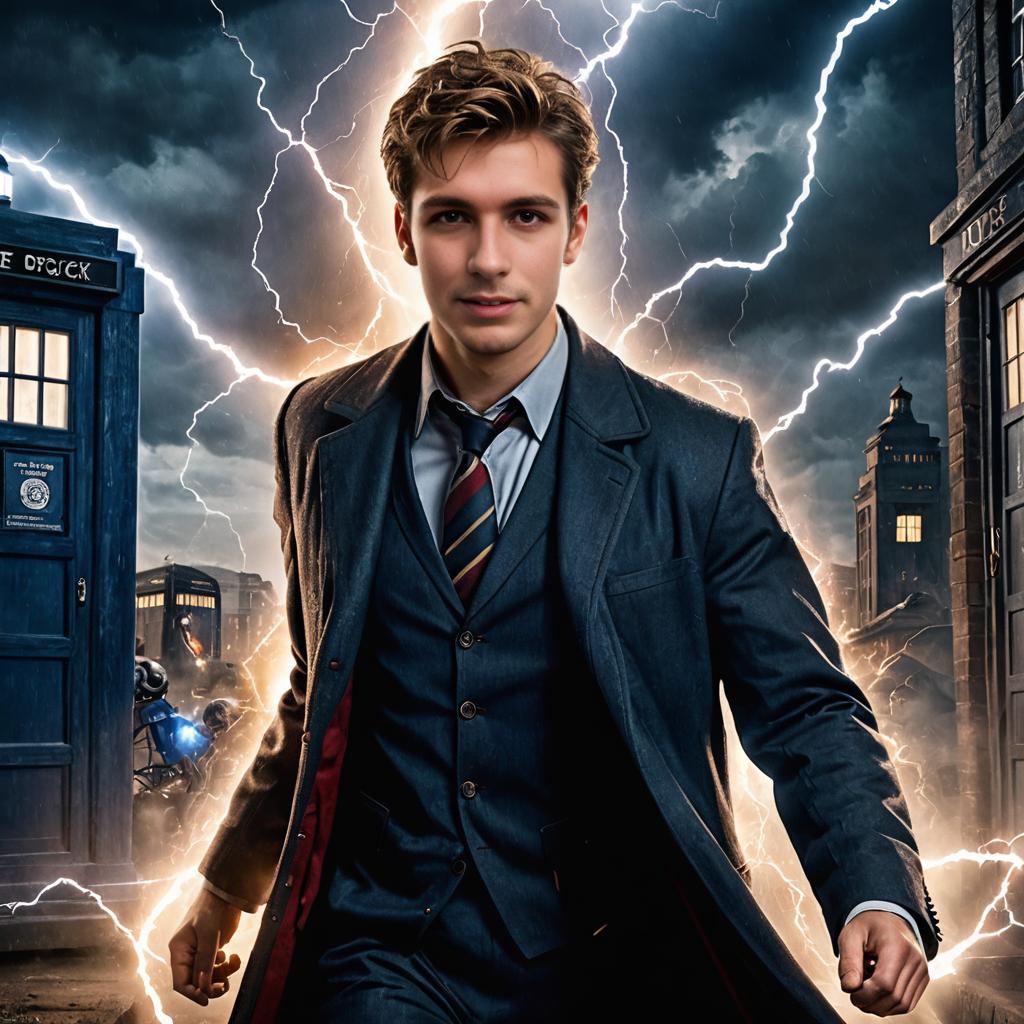 Man in Doctor Who Costume Amidst Stormy Backdrop