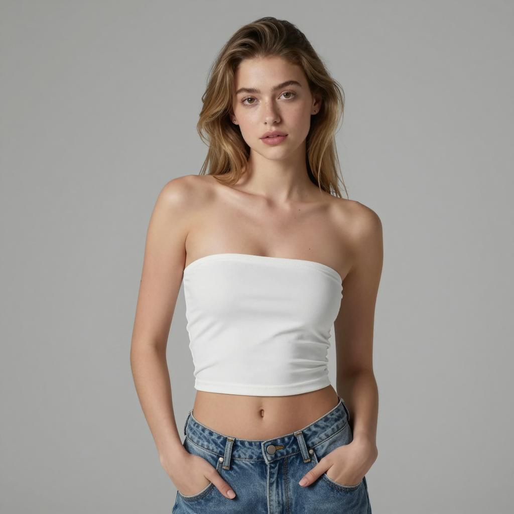 Gen Z Fashion Young Woman in White Tube Top and Blue Jeans