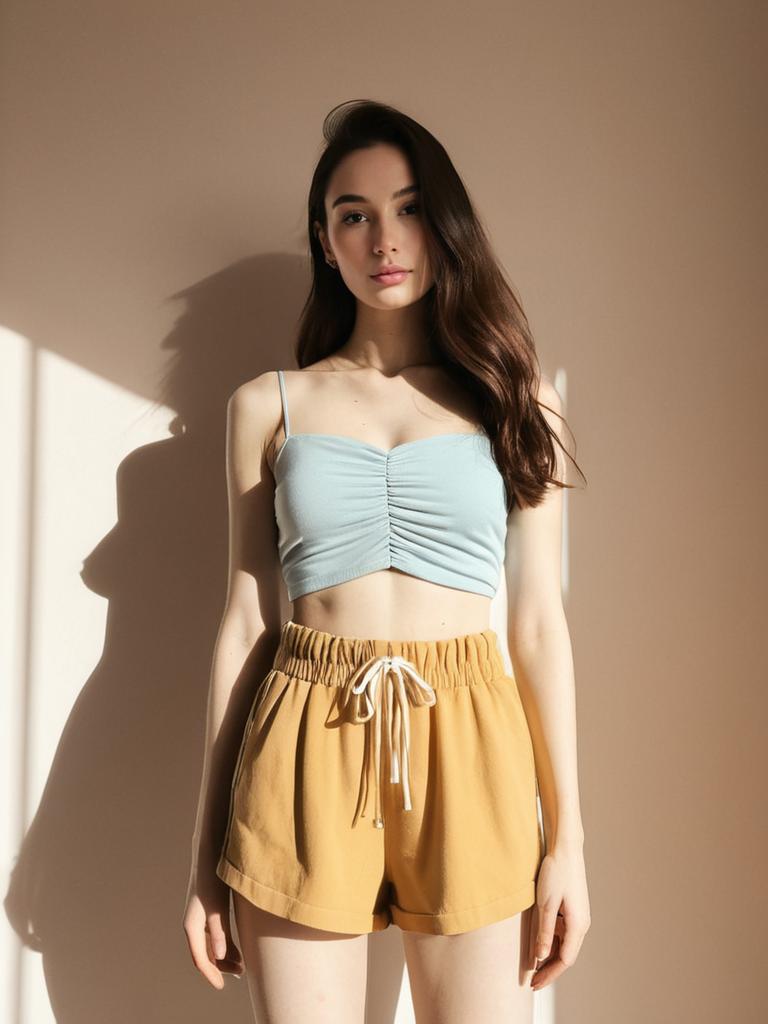 Woman in Casual Summer Ruched Tube Top and Mustard Yellow Shorts