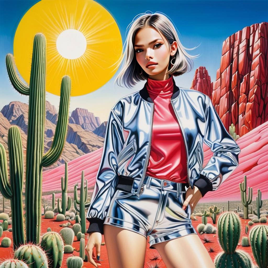 Stylish Woman in Futuristic Fashion in Surreal Desert Landscape