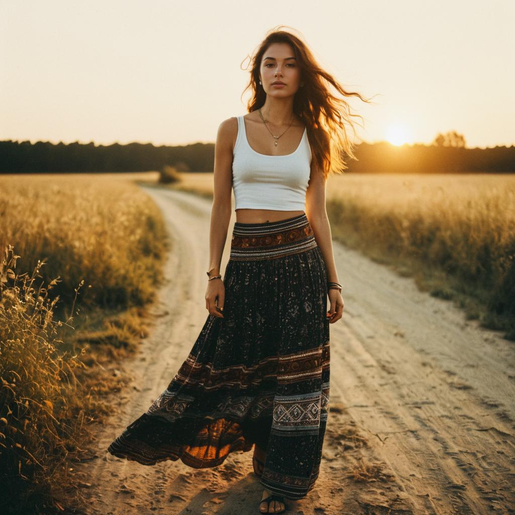 Young Woman Walking on Dirt Path at Sunset in Boho Style Skirt
