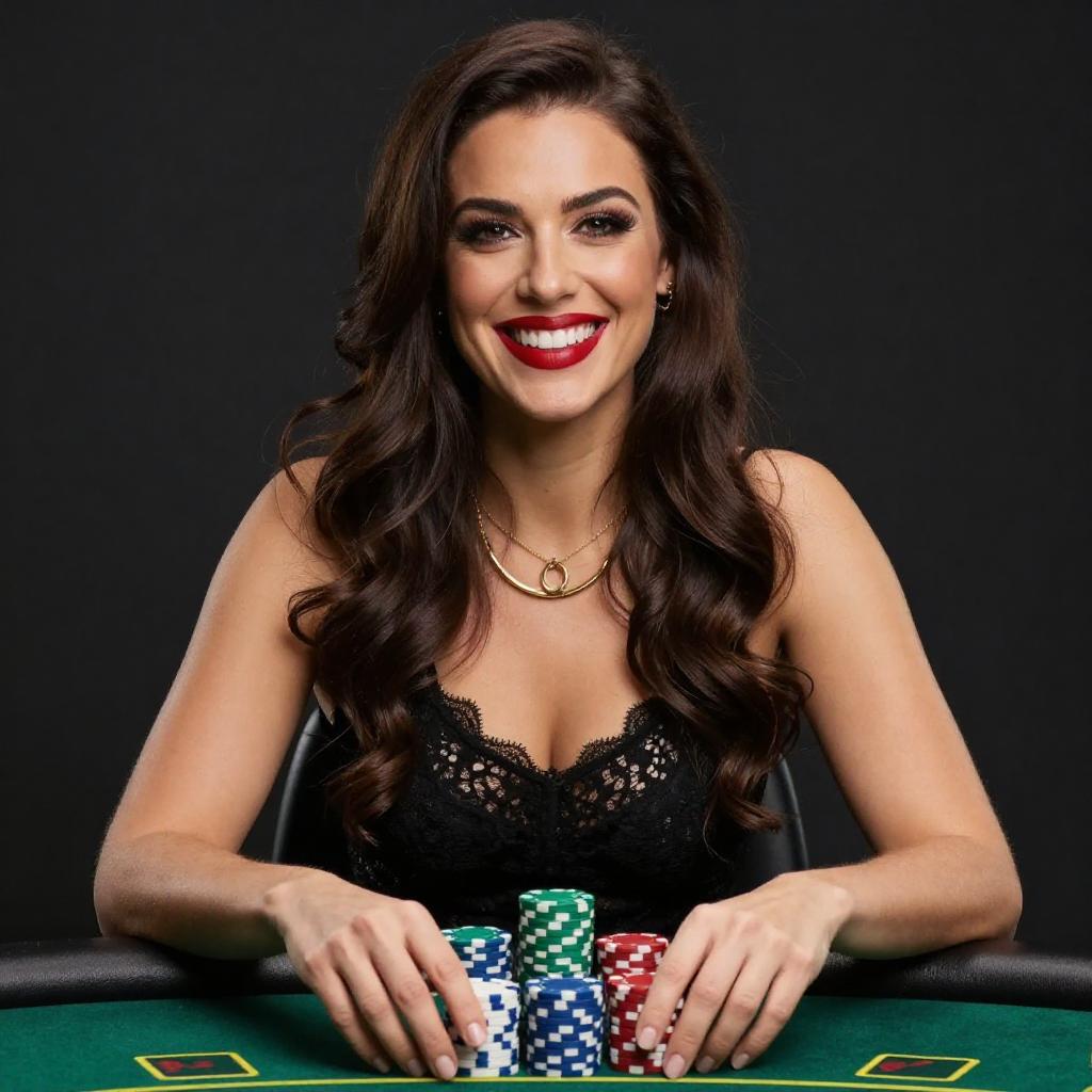Confident Woman Playing Poker with Chips at Casino Table