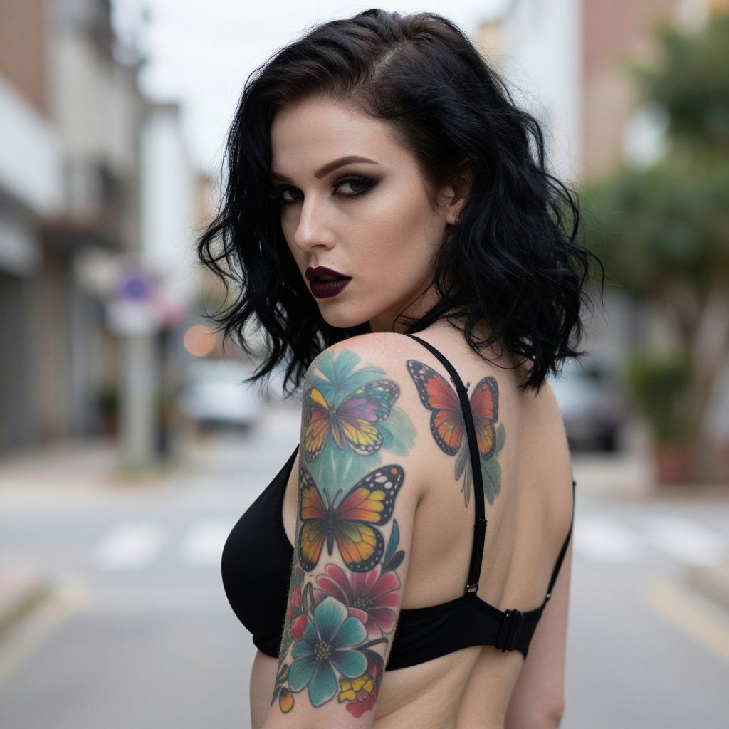 Confident Woman with Colorful Butterfly and Floral Tattoos on Urban Street