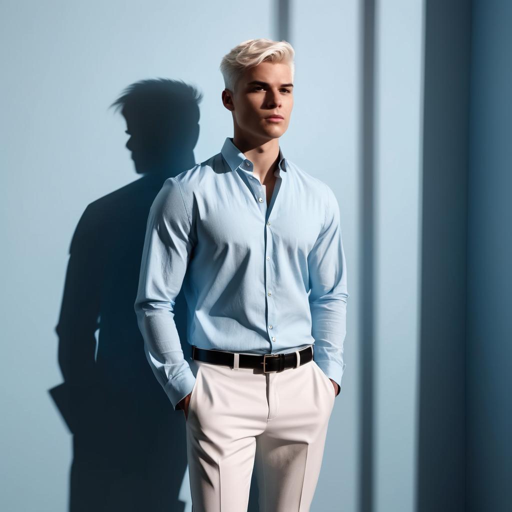Young Man in Light Blue Shirt and White Trousers Standing by Blue Wall