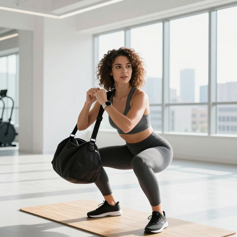 Fit Woman Exercising Squats with Gym Bag in Bright Fitness Studio