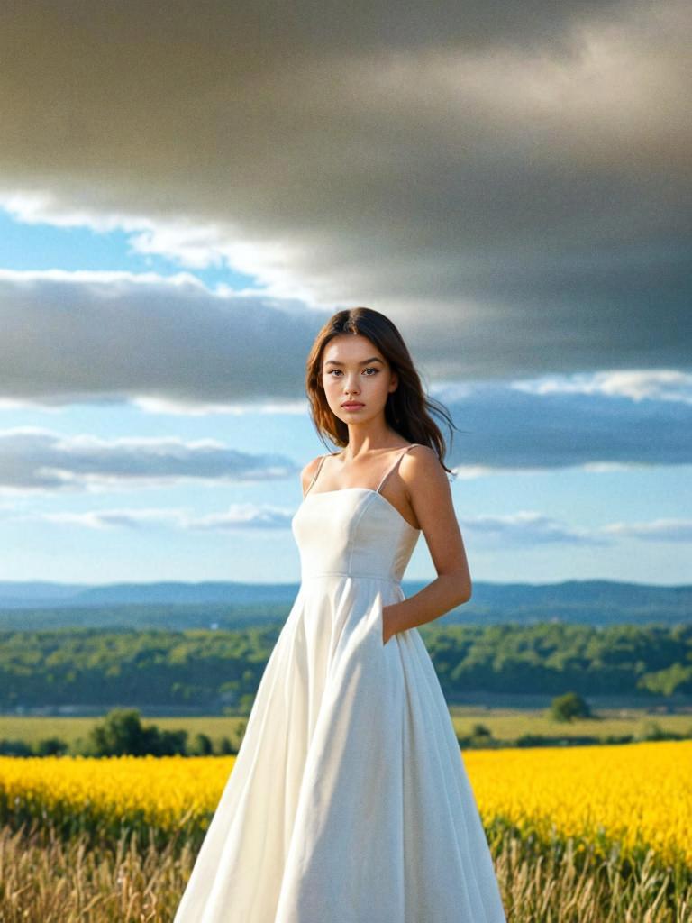 Woman in White Dress in Yellow Field