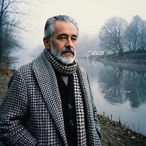 Mature Man in Houndstooth Coat by Foggy River Landscape