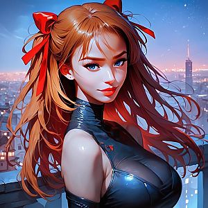 Vibrant Red-Haired Woman Against Twilight Skyline