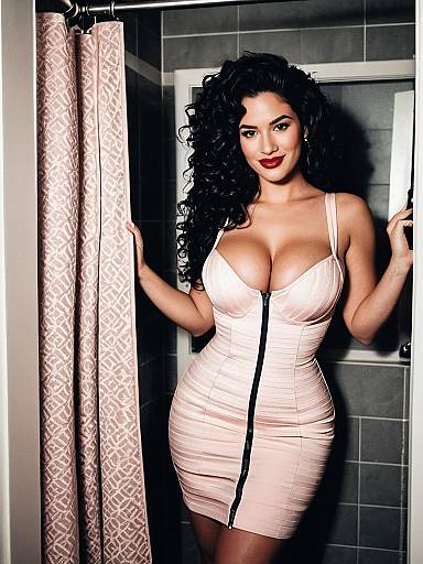 Glamorous Woman in Blush Pink Bodycon Dress with Curly Hair in Bathroom