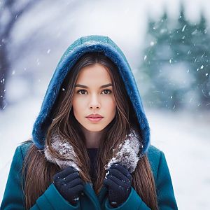 Young Woman in Teal Coat in Snowy Setting