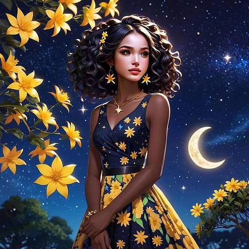 Digital Art of Woman in Floral Dress Under Starry Night Sky