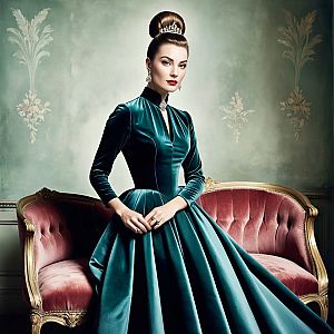 Elegant Woman in Teal Vintage Gown